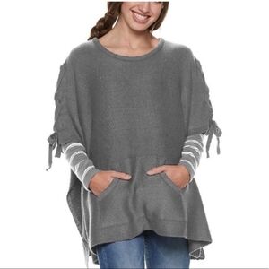 MADDEN NYC Pocket Front Knit Poncho with Lace Up Shoulders Gray